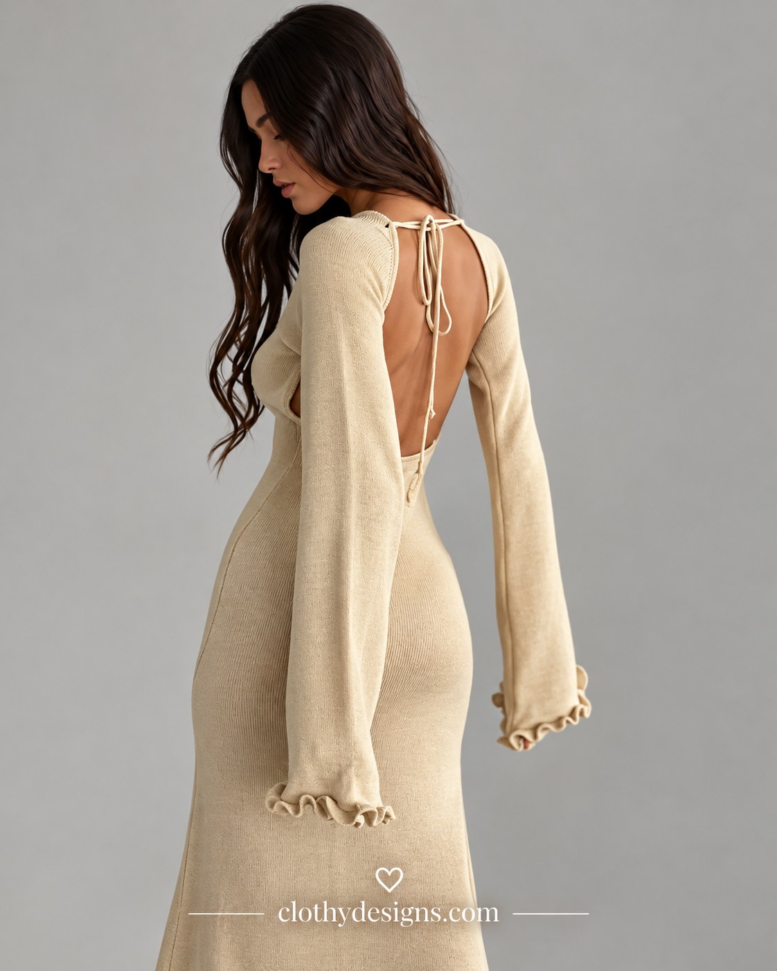 Women's Elegant Knitted Maxi Dress – Flare Sleeve Sweater Dress with Sexy Backless Design